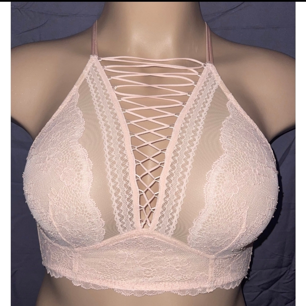 NWT Victoria Secret Lace Up Corset Top Halter Unlined Bralette Light Pink Size M